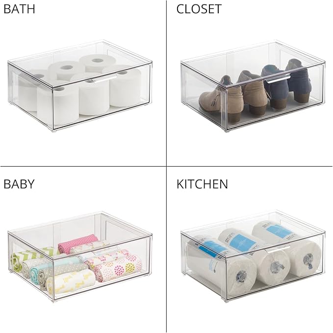 mDesign Plastic Stackable Closet Storage Organizer Bin Containers with Front Pull Drawer for Cabinet, Desk, Shelf, Cupboard, or Dresser Organization - Lumiere Collection - 2 Pack - Clear