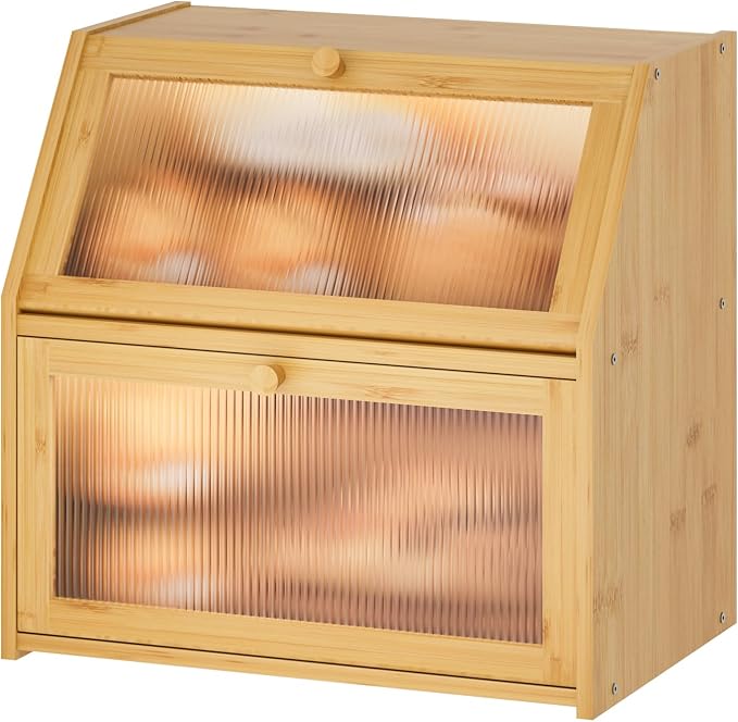 Extra Large Bread Box for Kitchen Counter, Bamboo Wood Double Layer Bread Box for Kitchen Counter, Wooden Capacity Bread Storage Bin