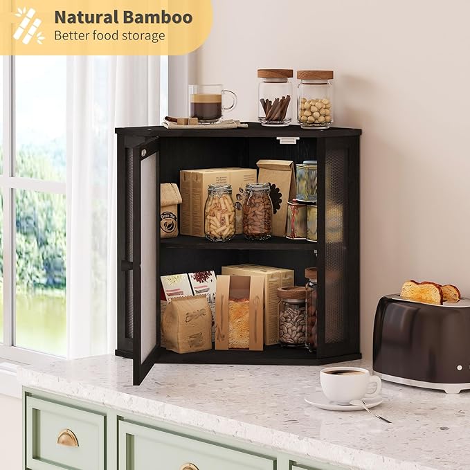 Corner Bread Box for Kitchen Countertop,Bread Storage for Homemade Bread, Double Layer Large Bamboo Kitchen Storage Bin with Window (Black, Large)