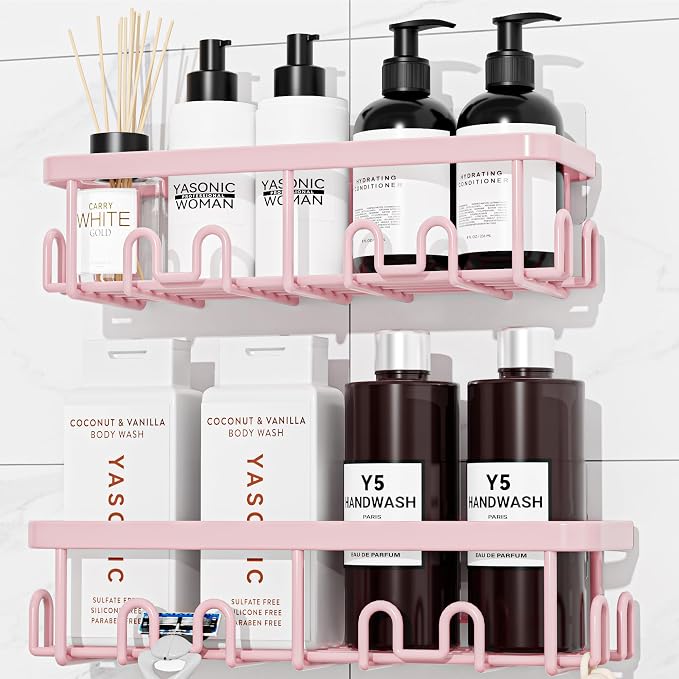 YASONIC Shower Caddy Adhesive, 100% Rustproof Shower Organizer, Large Capacity Shower Shelves for Inside Shower, No Drill Shower Storage for Home (2 Pack Pink)