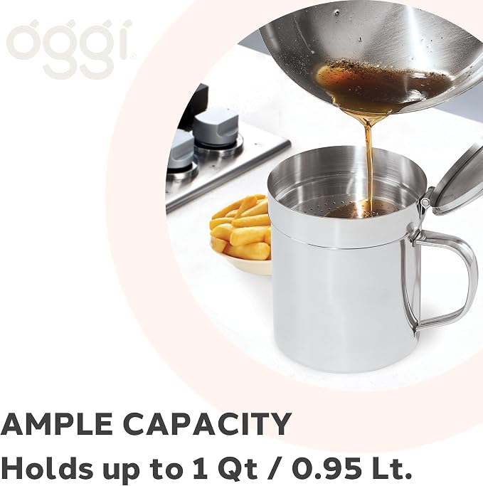 OGGI Stainless Steel Grease Container with Handle, Removable Strainer and Flip Top Lid. Perfect container for fryer oil, bacon drippings, lard and ghee oil. Can capacity - 0.25 Gall / 1 Qt / 0.95 Lt
