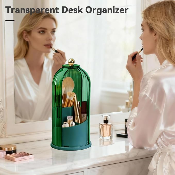 Hvygss 360° Rotating Makeup Brush Holder with Lid, Waterproof Three-Compartment Makeup Organizer, 180° Side-Pull Door Desk Organizer, Dustproof Brush Holder for Vanity and Bathroom (Green)