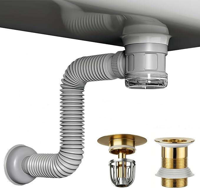 Bathroom Sink Drain Kit with Flexible Expandable Pipe: Odor-Free & Backflow-Preventing, Space-Saving Design without a P-trap, For 1-1/4'' & 1-1/2'' Drain Hole (Gold, Without Overflow)