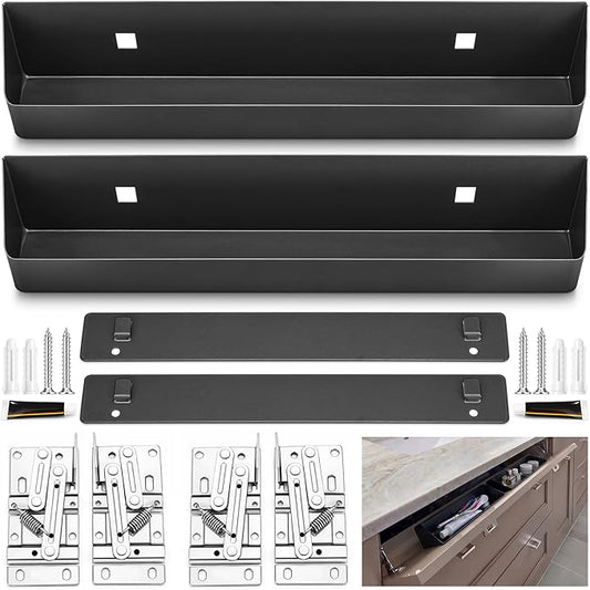 Zonon 2 Set 14 Inch Tip Out Tray for Front Sink Drawer with Hinges and Mounting Plate Includes Screws and No-Drill Adhesive, Metal Pull Out Storage Organizer for Kitchen Bathroom Cabinet