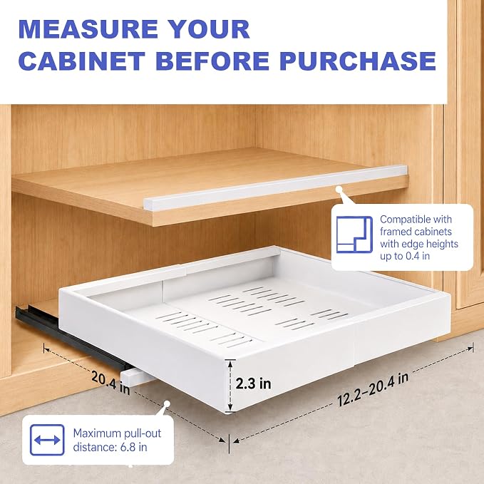Expandable Pull Out Cabinet Organizer, No-Drill Pull Out Drawers, Roll-Out Shelf with Adhesive Pad & 3 Slide Rails for Framed Cabinets, Kitchen Pantry, 21" Deep, 12.2"-20.4", White, 1 Pack