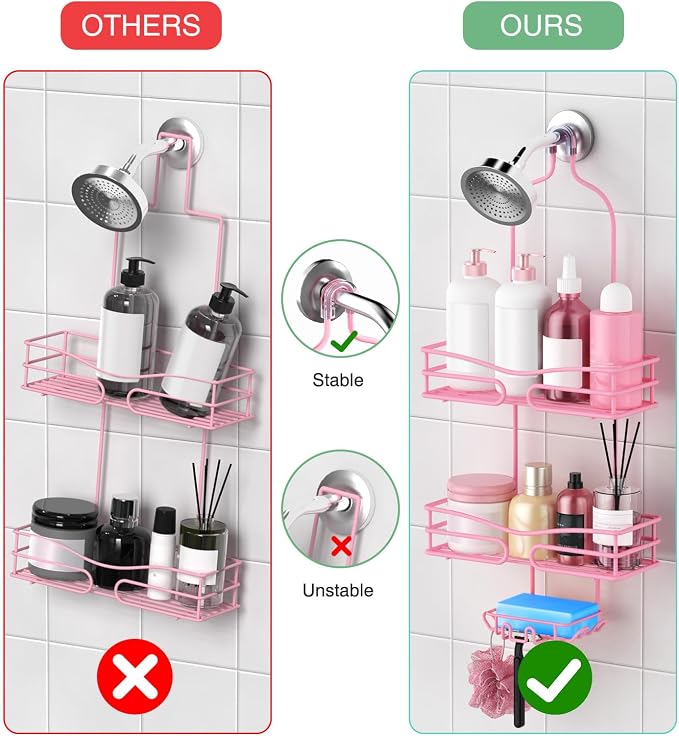 DAOYA Over the Shower Head Caddy Pink - Shower Caddy Hanging with 3 Soap Holders, Stainless Steel Bathroom Organizer and Storage, Rustproof
