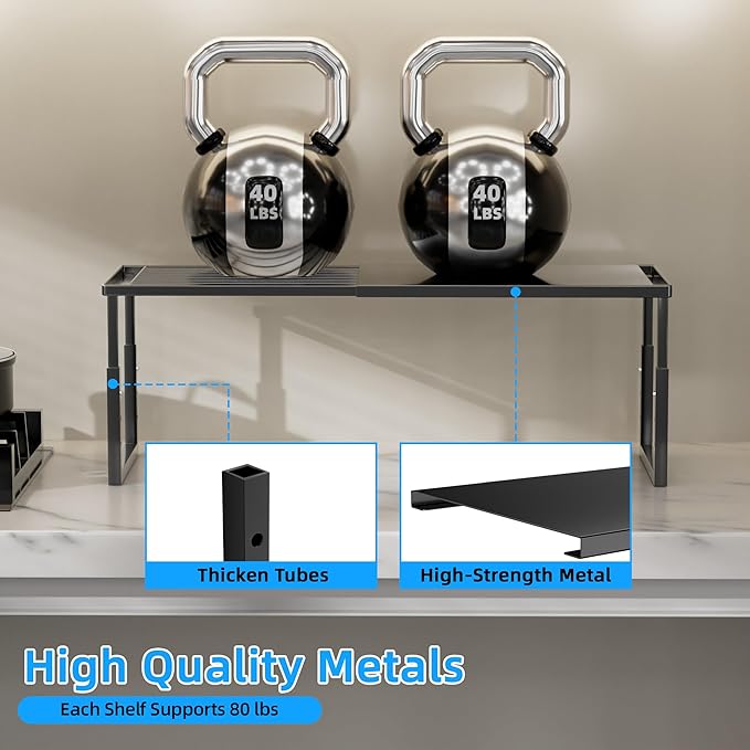 Shelf Organizer Stackable 2 Pack: Expandable (15.8"-25.5") Spice Rack Height Adjustable(6.2"/7.3"/8.5") Kitchen Organizer Countertop Metal Shelves for Pantry Storage Black