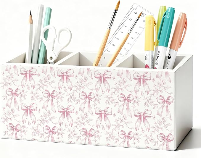 Coquette Pink Bow Floral Pen Pencil Holder for Desk, Girly Office Decor, Preppy Pink Bow Flower Aesthetic Wooden Box Sign Decorations for Girly Room Bedroom Dorm Office Desk Tabletop