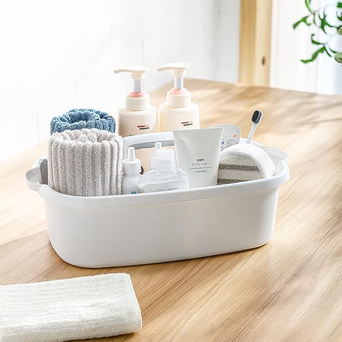 Goderewild 2 Pack Multi-Purpose Plastic Cleaning Caddy with Handle, Shower Caddy Organizer/Storage Basket/Totes Portable for Bathroom Supplies, Cleaning Products, Under Sink Tool. (grey+white)
