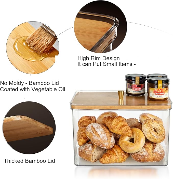 Hudgan Breadbox for Kitchen Countertop, Bread Storage Container with Bamboo Lid for Homemade Bread,Toast, Bagel, Donut, Cookies and Baguette, Large Corner Breadbox Keeper for Muffin