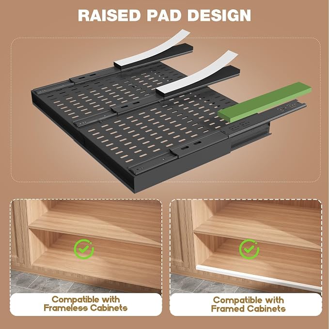 Seinloes 4 Pack Pull Out Cabinet Organizer Expandable Width (15"-24.8") & Depth (16.2"-23.6"), 3 Slide Rails Slide Out Drawers with Handle, Includes Raising Pad for Framed Cabinets, Black