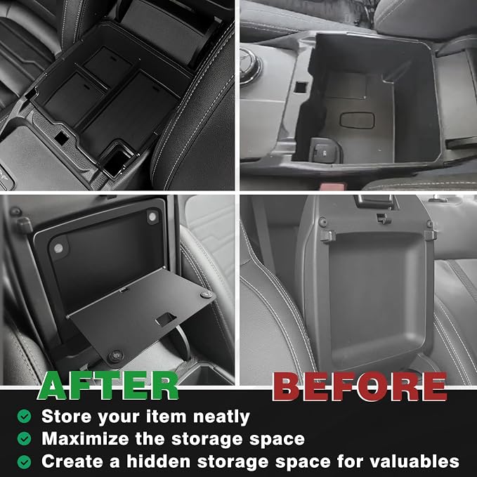 Muslogy Center Console Organizer Two-Layer & Hidden Box Magnet Opening Design Compatible with Ford Ranger 2024 2025 2026 & Raptor Accessories Secret Organizer Insert Tray Divider Storage Box