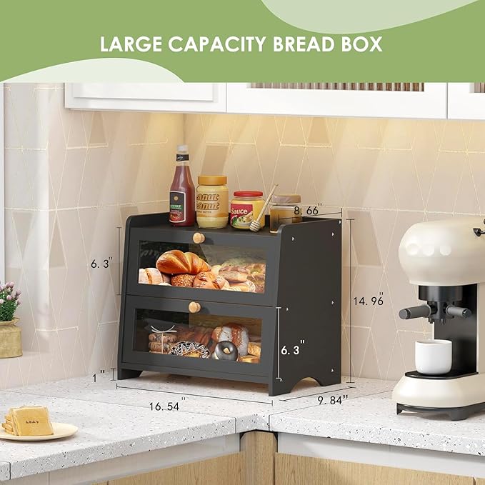 JANSNIMEN Large Bread Box for Kitchen Countertop, Double Layer Breadbox Bread Container Storage with Acrylic Door, Wooden Farmhouse Bread Holder (Black, Large-16.54" L x 9.84" W x 14.96" H)