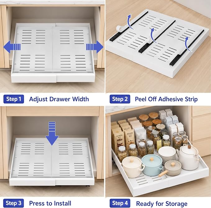 Expandable Pull Out Cabinet Organizer, No-Drill Pull Out Drawers, Roll-Out Shelf with Adhesive Pad & 3 Slide Rails for Framed Cabinets, Kitchen Pantry, 21" Deep, 12.2"-20.4", White, 1 Pack