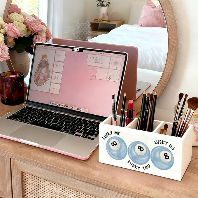 Trendy Preppy Light Blue Pen Pencil Holder for Desk, Girly Office Decor, Retro Lucky 8 Ball Wooden Box Sign Decorations for Girly Room Bedroom Dorm Office Desk Tabletop