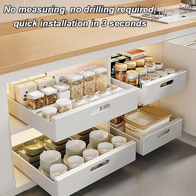 Slide Out Drawer Storage Shelves For Cupboard Cabinet,Extendable Sliding Drawer,No Need Drill and Nailing,for Pantry and Bathroom Vanity,with Adhesive Nano Film. (Color : Black, Size : 40 * 43 * 7cm)