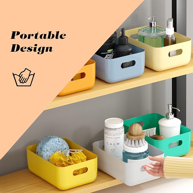 OWill 7 Pack Plastic Storage Bins, 4.2L Small Organizer Baskets with Handles, Pantry Cabinet Bathroom Classroom Storage Containers, Colorful Shelf Bins for Home Kitchen Closet Organization