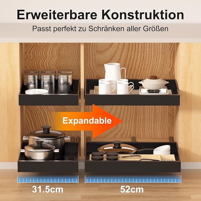 2 Pack Expandable Pull Out Kitchen Cabinet Organizer,Adhesive No Drilling Slide Out Drawers for Kitchen Base Cabinet,Shelves,PantryStorage, Adjustable Width Cabinets Drawers 12.4"-20.4"
