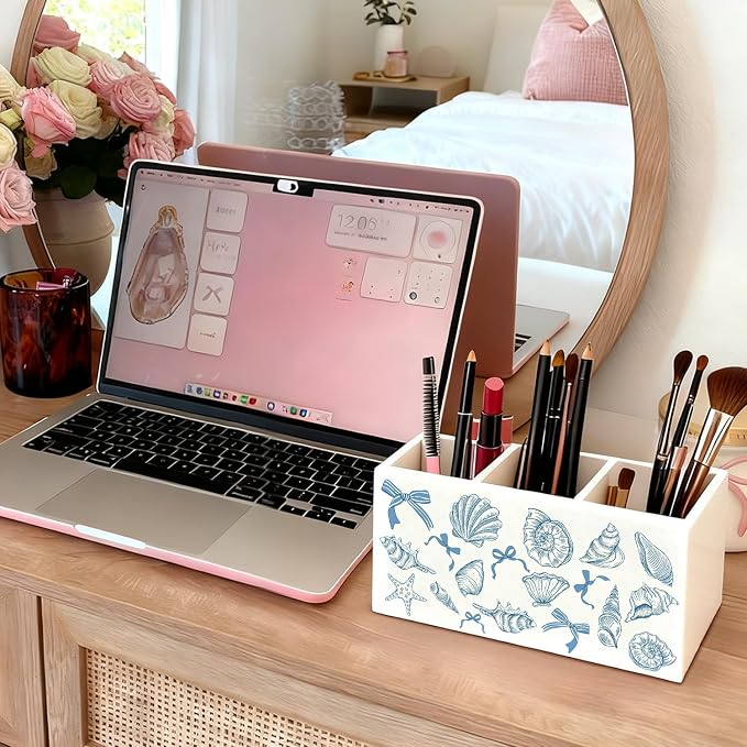 Blue Preppy Beach Pen Pencil Holder for Desk, Beach Office Decor, Coquette Blue Bow Coastal Seashell Beachy Wooden Box Sign Decorations for Girly Room Bedroom Dorm Office Desk Tabletop