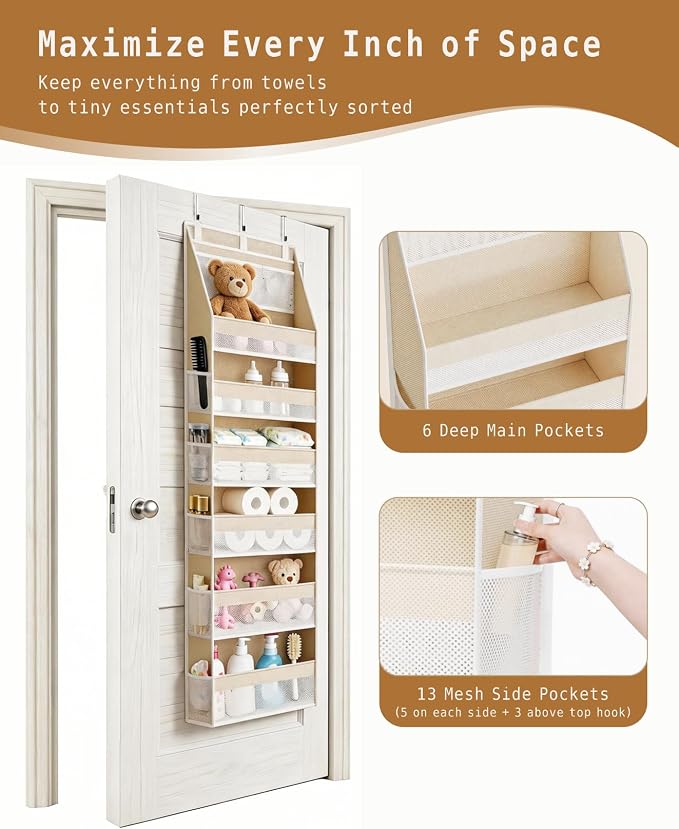 KMSCO Over The Door Organizer, 6 Large Pockets + 13 Mesh Side Pockets, Hanging Storage, 55lbs Capacity, Heavy Duty Non-Woven Fabric for Baby Nursery, Bathroom, Pantry, Closet, Beige, 1 Pack