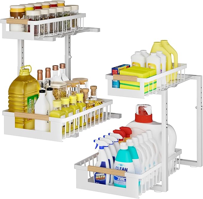 Under Sink Organizer, 2 Tier Pull Out Cabinet Organizer with 5 Adjustable Heights, Metal Under Sink Storage with Sliding Drawers for Kitchen, Bathroom, Pantry and Laundry Room, 4-Pack White