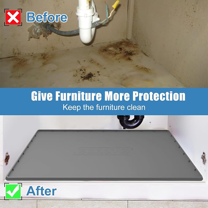 Under Sink Mat for Kitchen Waterproof, 40" x 19" Silicone Under Sink Liner Kitchen & Bathroom Cabinet Protector Mats, Heavy Duty Flexible Under Sink Drip Tray with Lip, Cool Grey