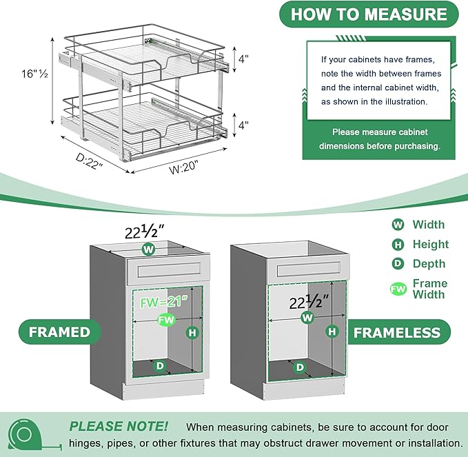 2-Tier Pull Out Cabinet Organizer (20" W x 22" D), Soft Close Cabinet Slide Out Shelves, Heavy Duty Slide Out Drawers with Shelf Liner for Kitchen Cabinets, Pantry Storage, Bathroom