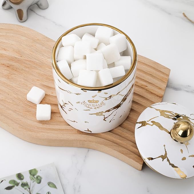 fanquare Small Vintage Porcelain Canister, Normal Size 30 Ounces Ceramic Jar, Nordic White and Gold Countertop Container for Sugar, Tea, Coffee Ground