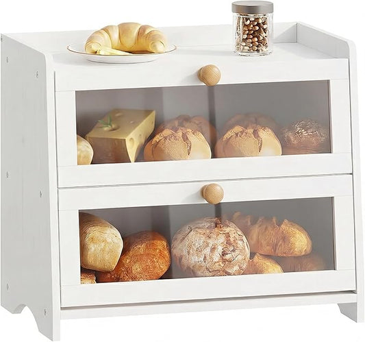 BAMBANG Bread Box for Kitchen Countertop, Extra Large Bamboo Bread Storage Container for Homemade Bread, Double Layer Sourdough Breadox, Bread Bin Organizer for Counter Cabinet Pantry, White
