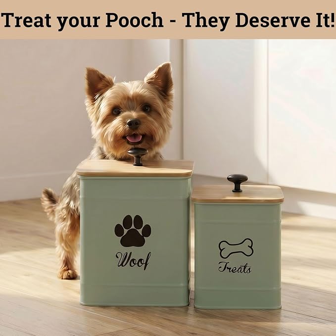 Dog Treat Container Airtight Set of 2 - 8x6 & 7x5 inch Iron Dog Treat Jars for Kitchen Counter with Airtight Bamboo Lids - 20 Cup Capacity Pet Treat Container Set - Doggie Cookie Jar - Treats Canister