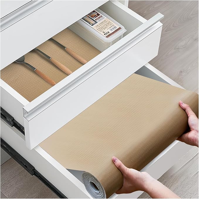 Drawer and Shelf Liner, Non-Slip Kitchen Cabinet Liners Non-Adhesive Thick Strong Grip Waterproof Washable Mats Protect Dresser Shelves Cupboard Bathroom Cabinets, Beige, 18 in X 20 FT