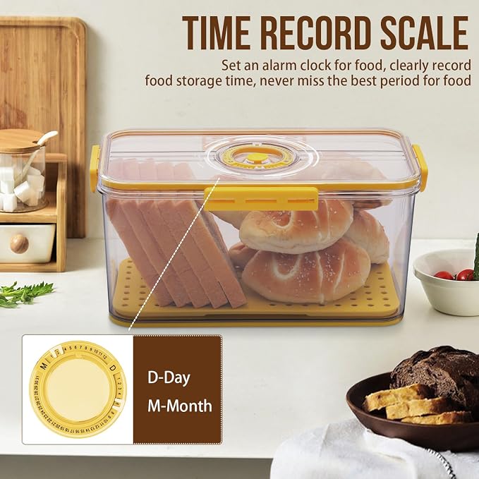 Gifhomfix Bread Box Airtight Bread Boxes for Kitchen Counter, Time Recording Bread Storage Container with Lid, Bread Holder for Homemade Bread, Toast, Bagel, Donut and Cookies, Yellow