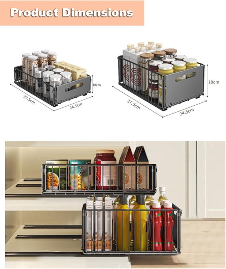 Pull Out Drawers for Cabinets Under Kitchen Sink Storage Organizer No Drill Adjustable Baskets for Cupboard Bathroom(2pcs-Black-19 cm)