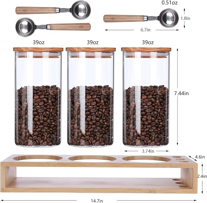 KKC Airtight Coffee Canister and Sugar Container Set with 3 Wooden Handle 1 TBSP Spoons - 3 Pack 39 oz Large Glass Storage Jars with Bamboo Stand, Countertop Coffee Station Organizer Bar Accessories