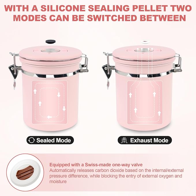 ShanSon Coffee Canister Airtight, Stainless Steel Bean Storage Container with Date Tracker & Scoop, Grounds Sugar Flour Tea Cereal Fits Kitchen Pantry, Ideal Gift for Coffee Lovers,16oz, Pink