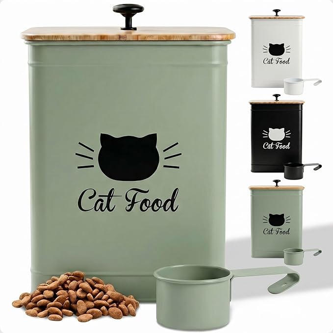 Cat Food Storage Container with Scoop - 5-7lb (25 Cup) Capacity Metal Cat Kibble Canister with Airtight Bamboo Lid and Metal Scoop - Airtight Pet Food Storage Containers 5 lb - 7 lb Kibble Container