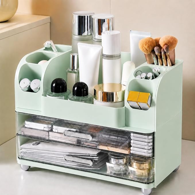 Makeup Organizer with 2 Drawers, Cosmetic Display Case, Storage Holder for Vanity, Bathroom Counter, Desk, Beauty Supplies (Green)