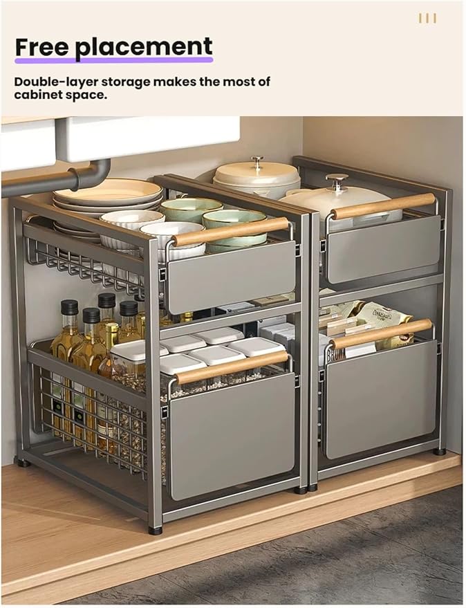 Pull Out Shelf Kitchen Storage Drawer- Slide Out Drawers for Kitchen Cabinets No Drill Shelves(Milk,40x23x39 cm)