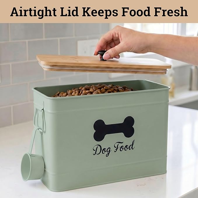 Dog Food Container Airtight 15-20 lb (70 Cup) Capacity with Metal Scoop - Cute Airtight Dog Food Storage Container with Bamboo Lid - Green Metal Kibble Storage Bin for Dogs up to 100 lbs - Big Pet Jar