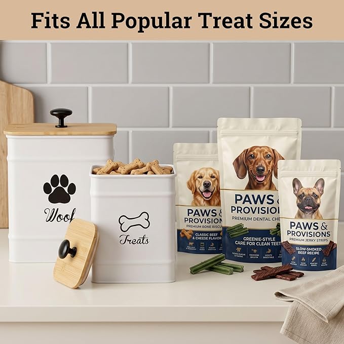 Dog Treat Container Airtight Set of 2 - 8x6 & 7x5 inch Iron Dog Treat Jars for Kitchen Counter with Airtight Bamboo Lids - 20 Cup Capacity Pet Treat Container Set - Doggie Cookie Jar - Treats Canister