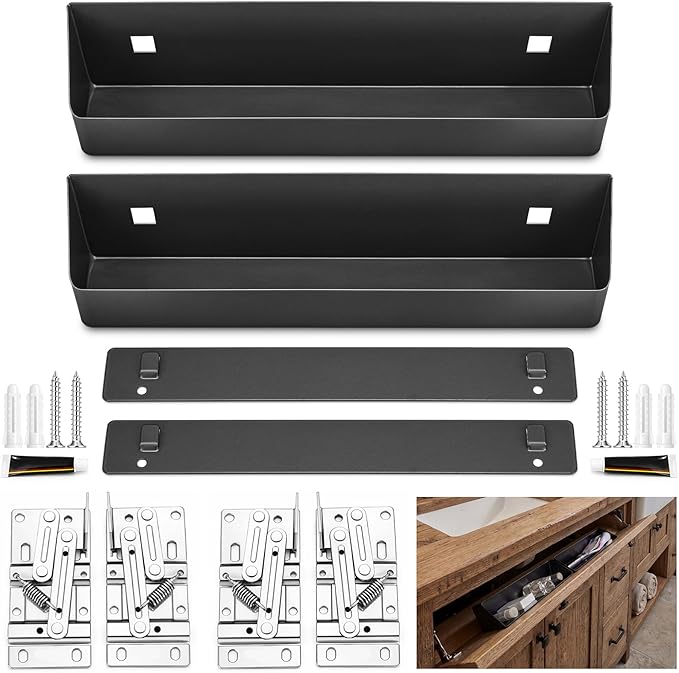 Zonon 2 Set 11 Inch Tip Out Tray for Front Sink Drawer with Hinges and Mounting Plate Includes Screws and No-Drill Adhesive, Metal Pull Out Storage Organizer for Kitchen Bathroom Cabinet