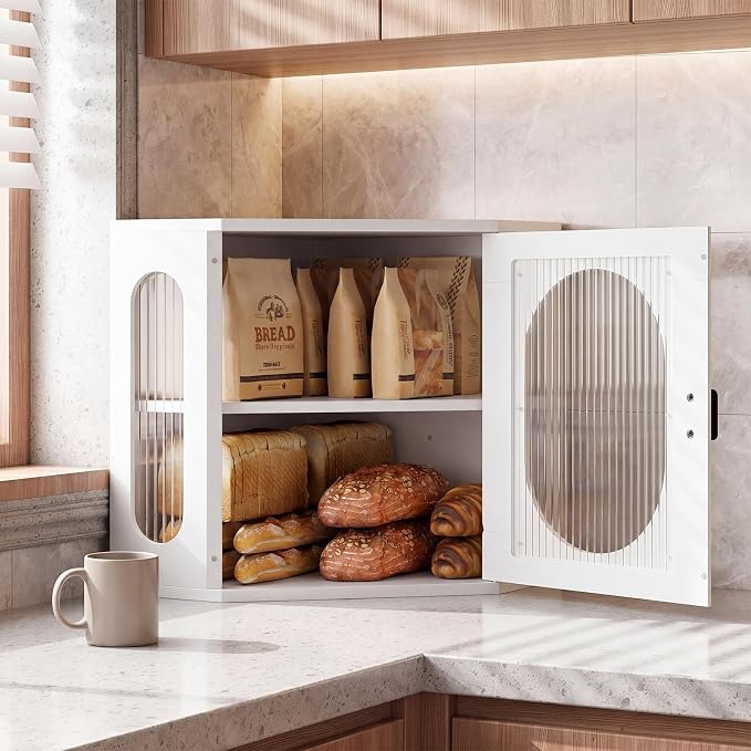 Alpeir Corner Bread Box for Kitchen Countertop, Thick Pine Wood Keep Freshness Longer, Adjustable Farmhouse Bread Storage Container with Window & Deli Papers for Homemade Bread, Baked, White