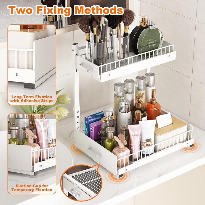 Under Sink Organizer, 2 Tier Slide Out Cabinet Organizer with Pulley, Height Adjustable Pull Out Shelf for Kitchen, Bathroom, Laundry and Utility Storage, White, 1 Pack