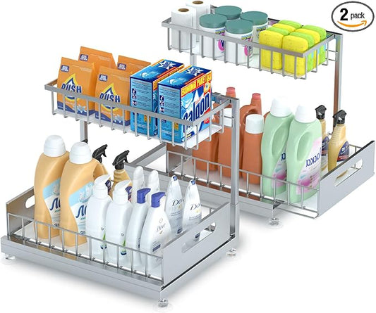 Saydear Under Sink Organizer Storage 2-Tier Premium Metal Pull-Out Kitchen Cabinet Organizer with Sliding Drawer, Height Adjustable, Heavy Duty for Kitchen & Bathroom Organizers 2 Pack Grey