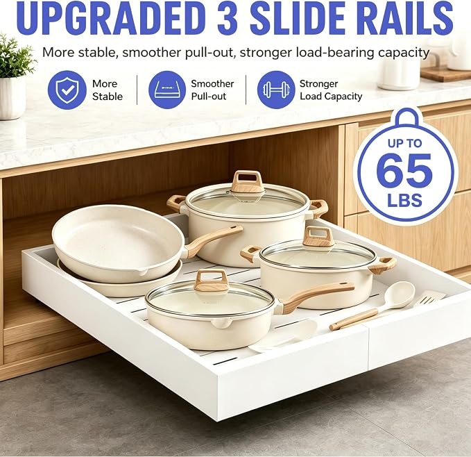 Expandable Pull Out Cabinet Organizer, No-Drill Pull Out Drawers, Roll-Out Shelf with Adhesive Pad & 3 Slide Rails for Framed Cabinets, Kitchen Pantry, 21" Deep, 12.2"-20.4", White, 2 Pack