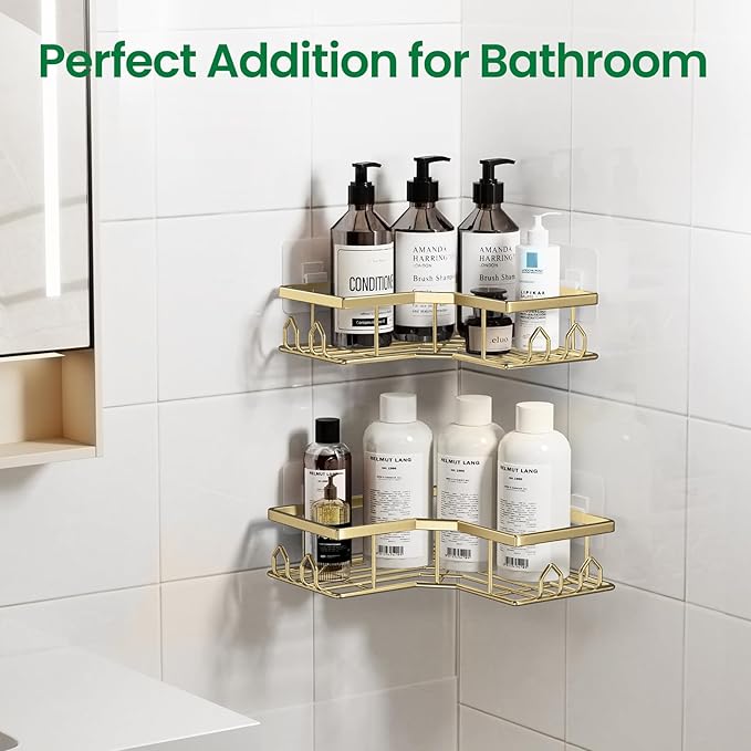 Adhesive Shower Caddy, 2 Pack Corner Bath Organizer, Rustproof Stainless Steel Shower Shelves with Large Capacity, No Drilling Shelves for Bathroom Storage, Home, Kitchen Décor(Gold)