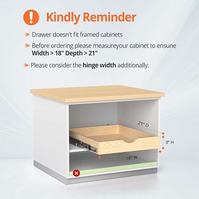 ZOINLIY 18''W X 21''D X 3''H Wooden Pull Out Drawer for Cabinet, Cabinet Organizer for Kitchen, Soft Close Slide Out Shelves, Heavy Duty, Full-Extension