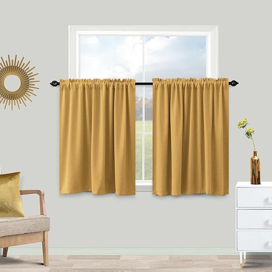KOUFALL Light Gold Short Curtains 36 Inch Length for Kitchen Small Window Blackout Rod Pocket Window Coverings for Bedroom Bathroom 34 x 36 Inches Long