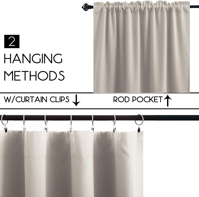 KOUFALL Small Summer Thermal Cafe Curtains for Kitchen Window Over Sink, Room Darkening Neutral Tan Beige Boho Farmhouse Tier Half Curtains, Wide 34 x 24 Inch Length