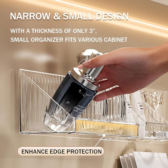 3 Pcs Medicine Cabinet Tray Organizer, Small Adhesive Bathroom Vanity Floating Shelves Storage for Toilet, Mirror, Wall, Countertop, Clear
